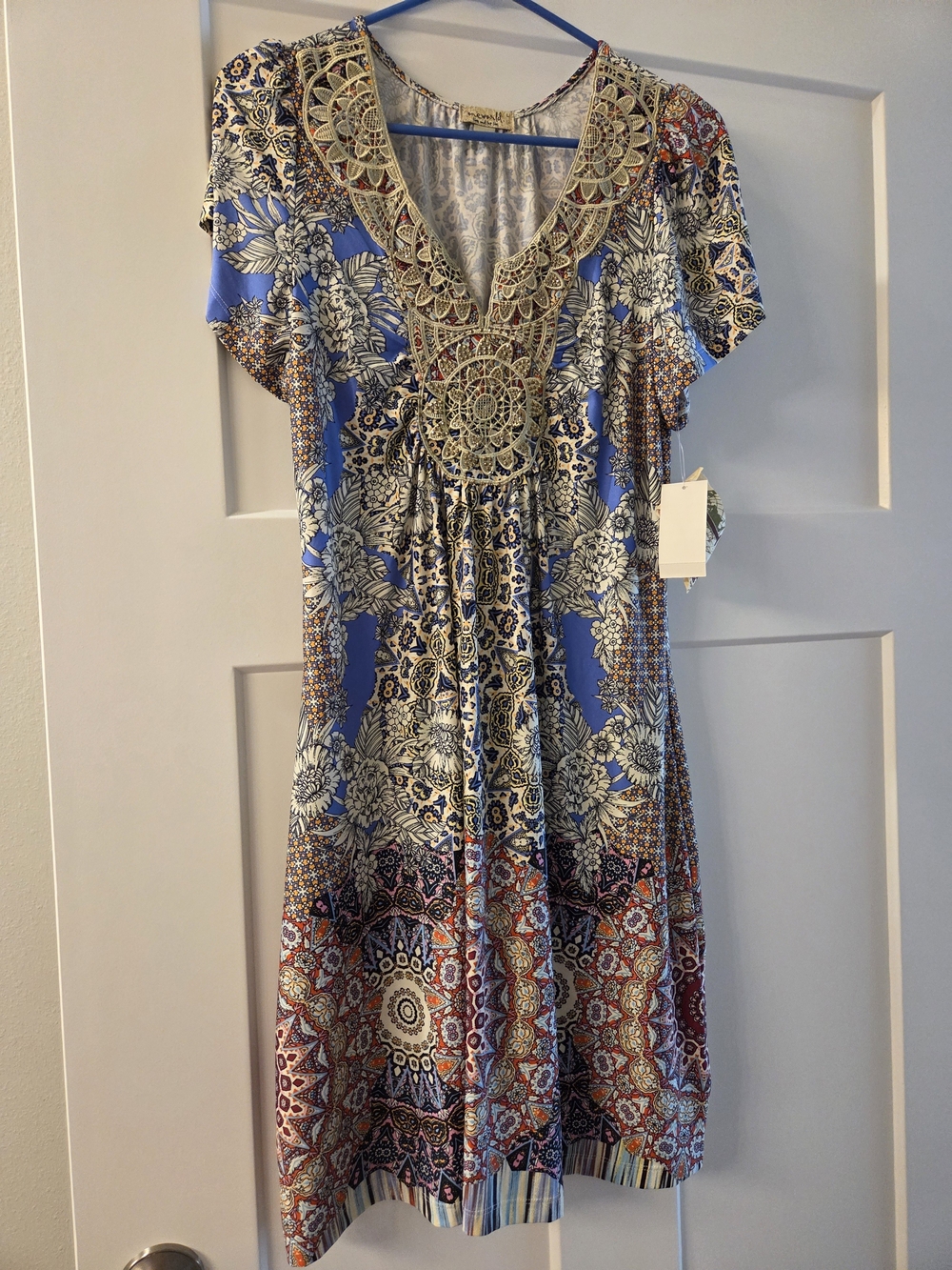 One World Boho Floral Crochet-Trim Blue Mixed-Print Dress